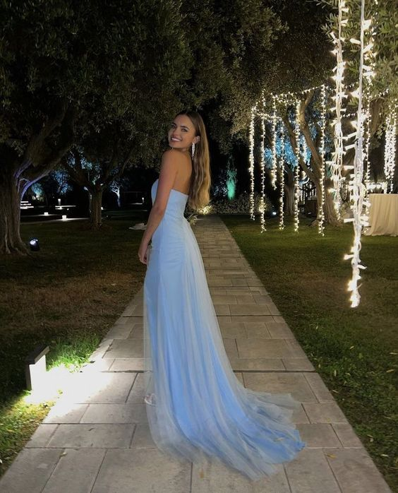 A Line Strapless Light Blue Long Prom Dresses With Slit 2550