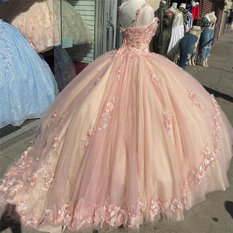 A Line Pink Quinceanera Ball Gown Sweet 16 Tulle Lace Birthday Party Dress 2543