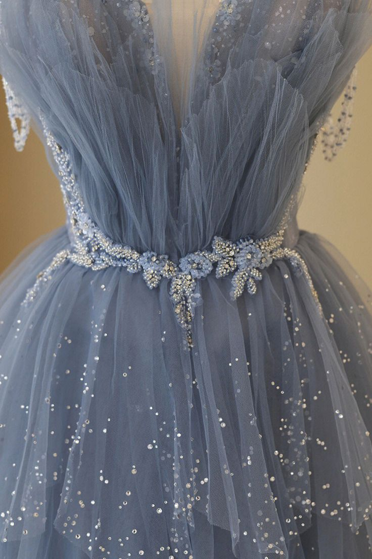 Spaghetti Straps A Line Layered Blue Long Prom Dress Tulle Shiny Beaded Birthday Party Gown J2564