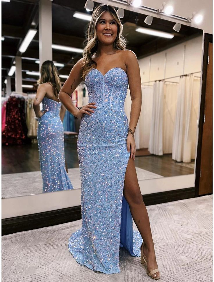 Sweetheart Blue Sequin Long Prom Dress Mermaid Shiny Party Dress With Slit 2540