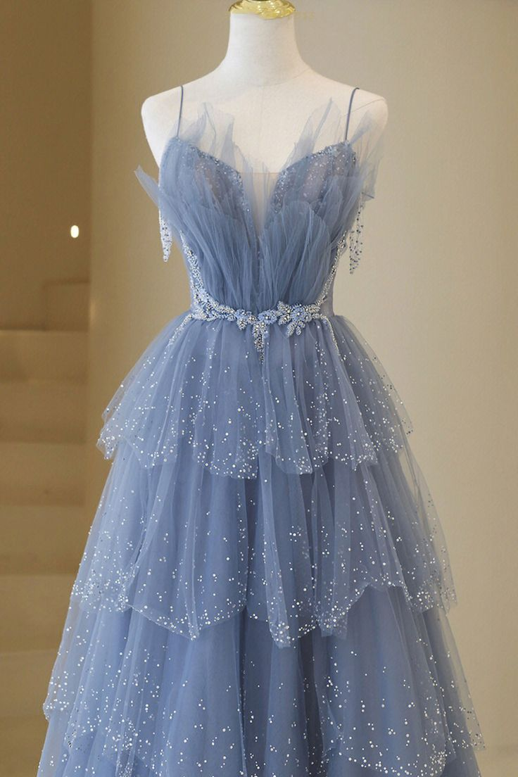 Spaghetti Straps A Line Layered Blue Long Prom Dress Tulle Shiny Beaded Birthday Party Gown J2564