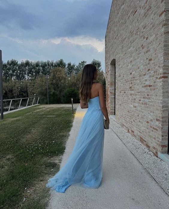 A Line Strapless Light Blue Long Prom Dresses With Slit 2550