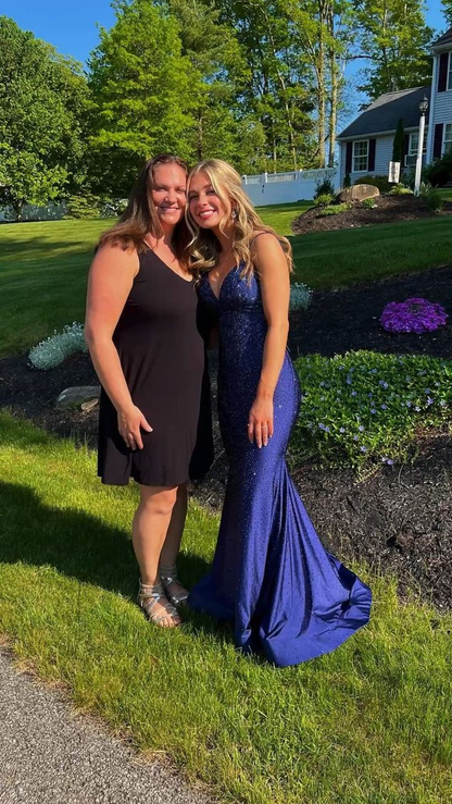 Robe de bal sirène bleu marine longue à bretelles spaghetti 2527