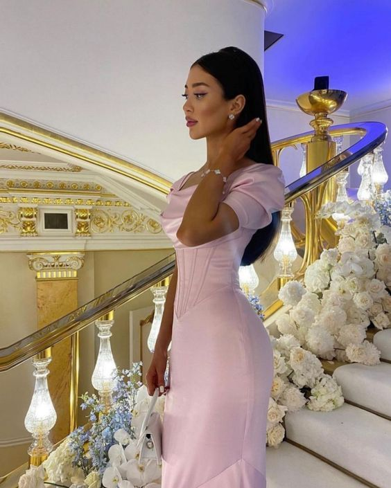 Robe de bal longue fourreau rose à manches courtes, robe de soirée formelle 2505