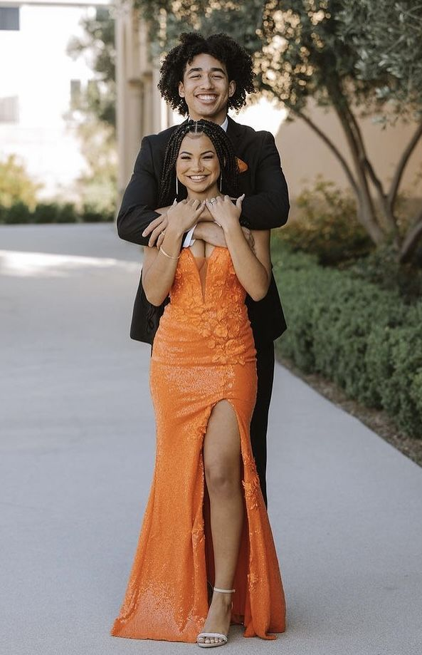 Sparkly Orange Long Prom Dress With Appliques Mermaid Party Dress With Slit 2529