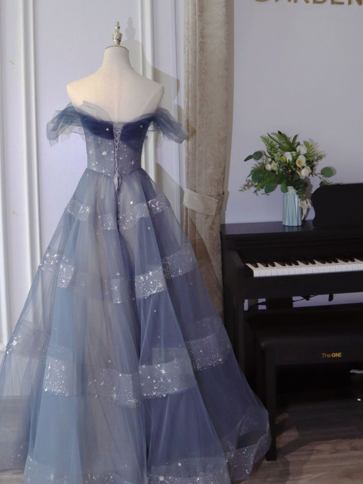 Off The Shoulder Blue Tulle A Line Long Prom Dress J2563