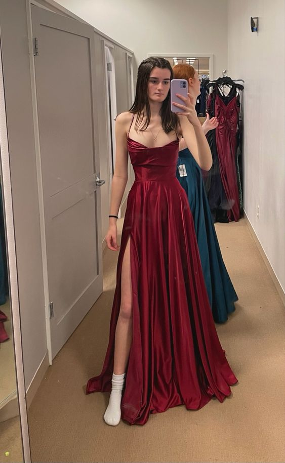 Spaghetti Straps Burgundy A Line Long Prom Dresses With Slit J2608