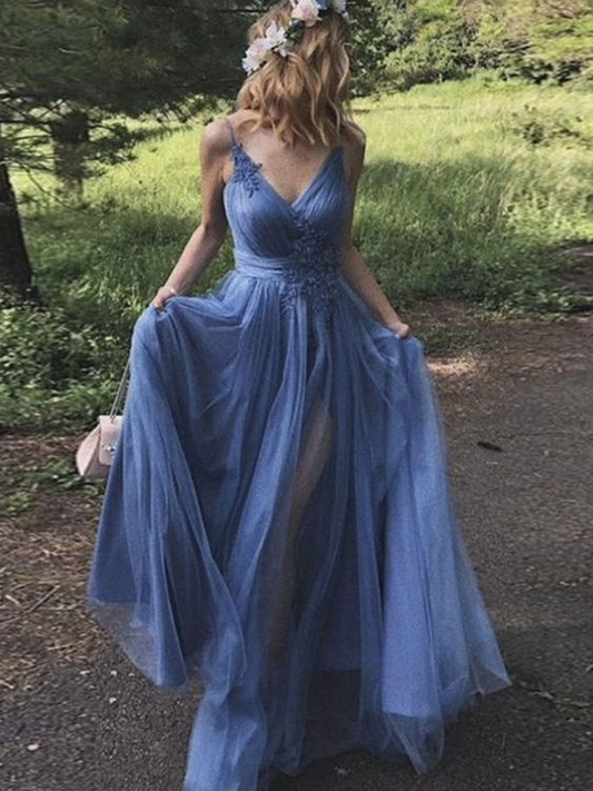 V Neck Blue Tulle Long Prom Dress Applique A Line Party Dress With Slit J2610