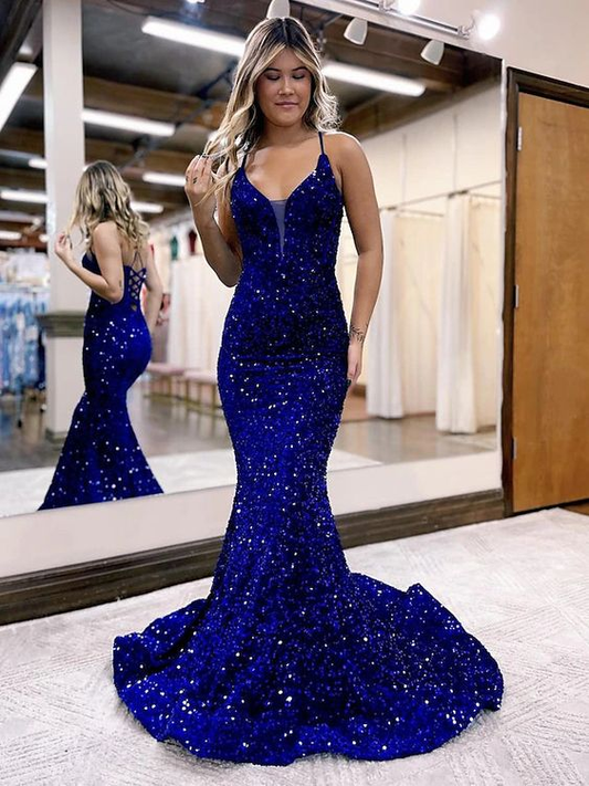 Robe de bal longue sirène à sequins bleu roi J2590