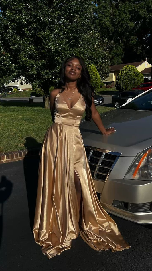 A Line V Neck Gold Long Prom Dress With Slit J2621