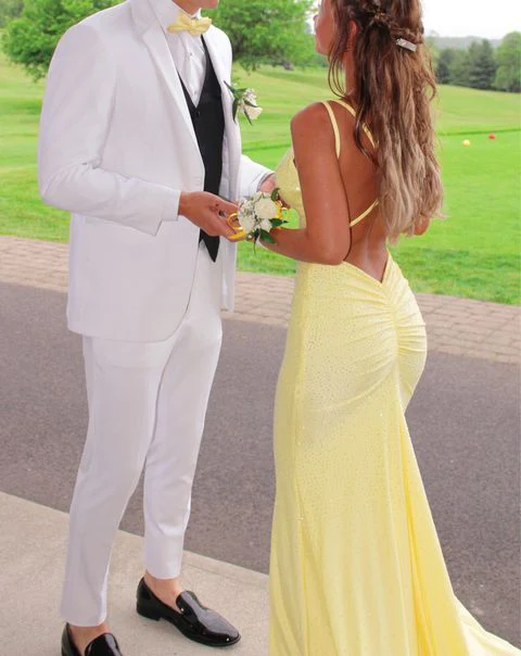 yellow mermaid formal dress Mermaid V Neck Beaded Satin Prom Dress, Champagne / 6