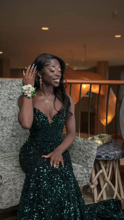 Robe de bal longue sirène à paillettes vertes et brillantes J2581