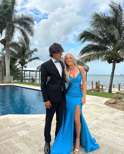 Blue V Neck mermaid long Prom Dress With Split J2612