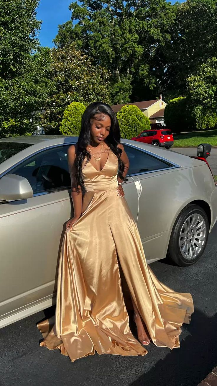 A Line V Neck Gold Long Prom Dress With Slit J2621