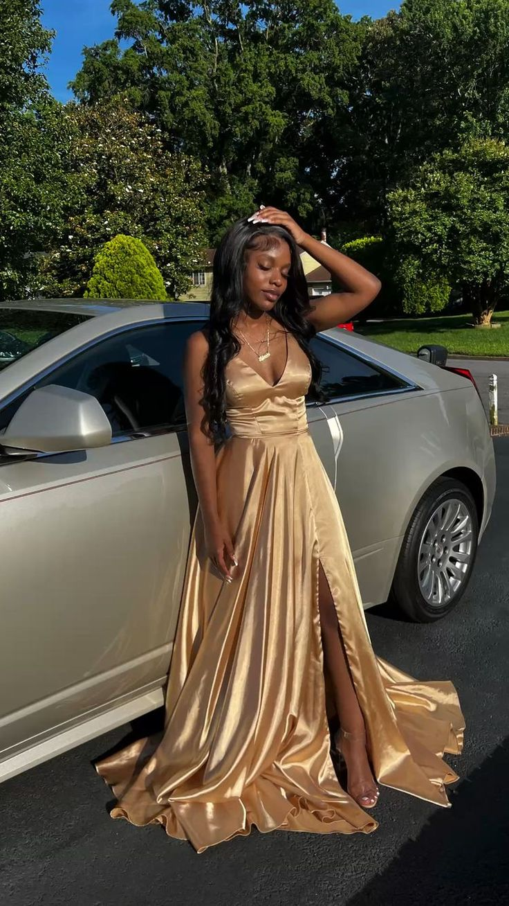 A Line V Neck Gold Long Prom Dress With Slit J2621