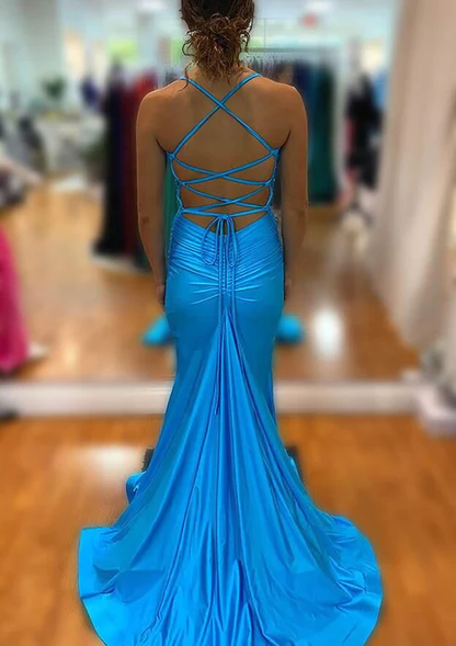 Blue V Neck mermaid long Prom Dress With Split J2612