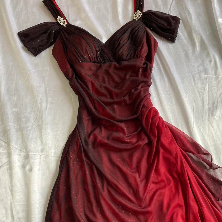 Burgundy A Line Shiny Long Prom Dress Ruffled Evening Gown J2599