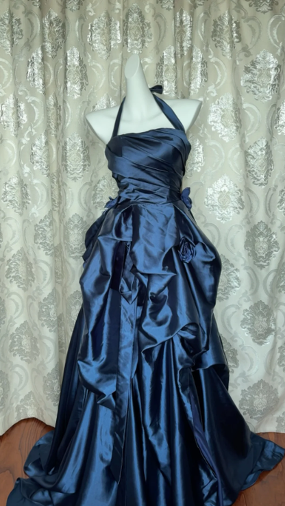 Halter Navy Blue Long Prom Dress A Line Satin Evening Gowns J8644