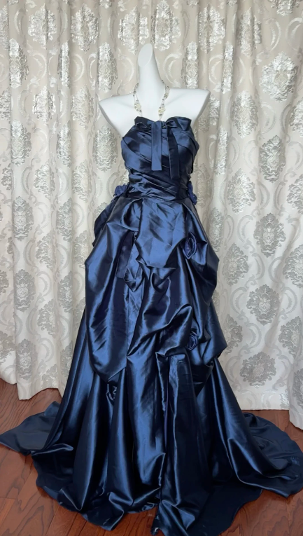 Halter Navy Blue Long Prom Dress A Line Satin Evening Gowns J8644