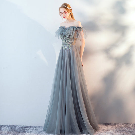 Off Shoulder Gray Long Prom Dress A Line Tulle Formal Evening Gown 600