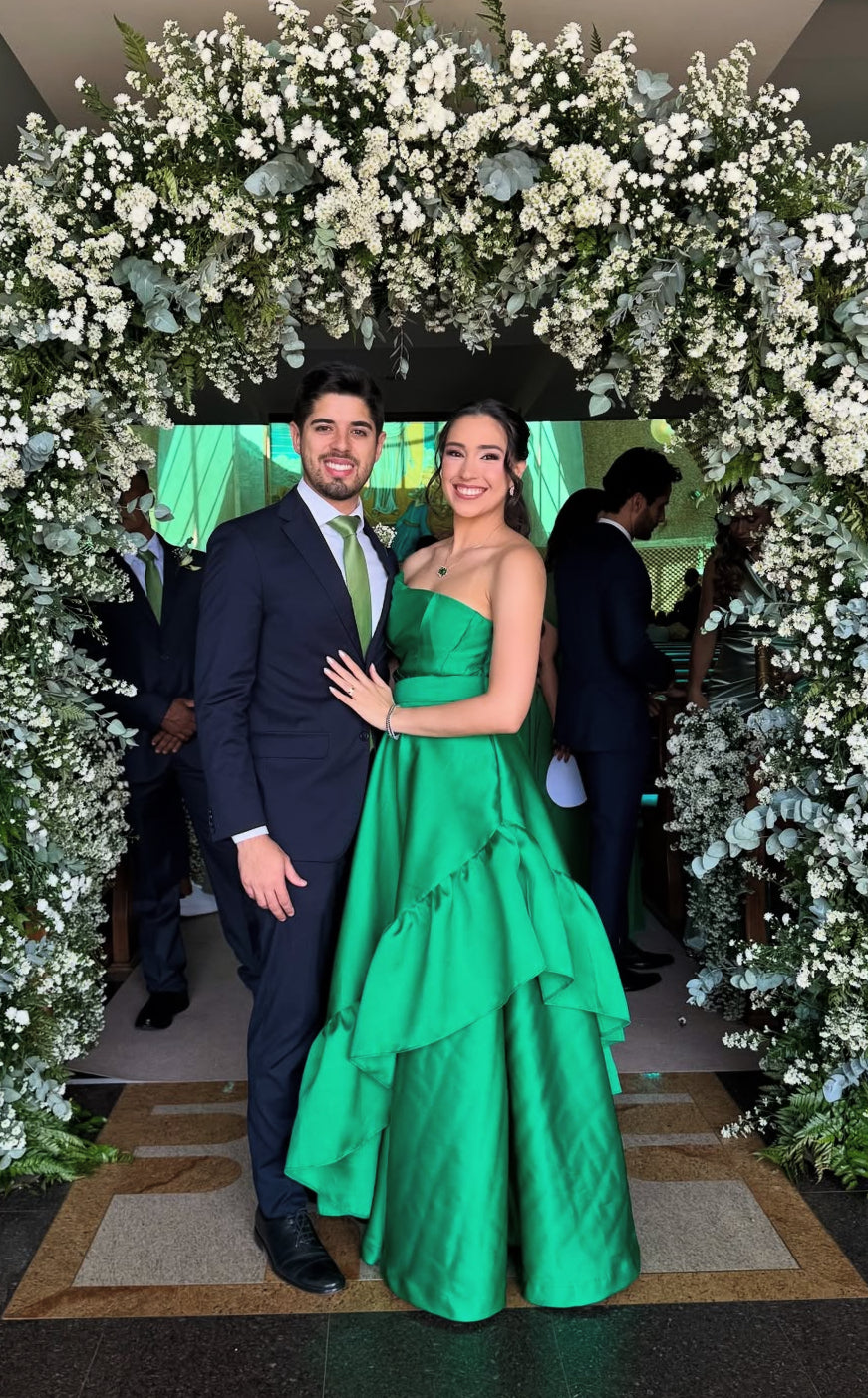 Robe de bal bustier coupe trapèze verte à volants en satin, robe d'invitée de mariage J7815