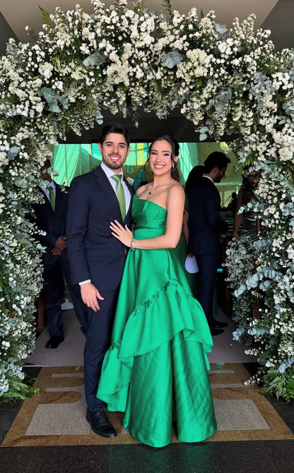 Robe de bal bustier coupe trapèze verte à volants en satin, robe d'invitée de mariage J7815