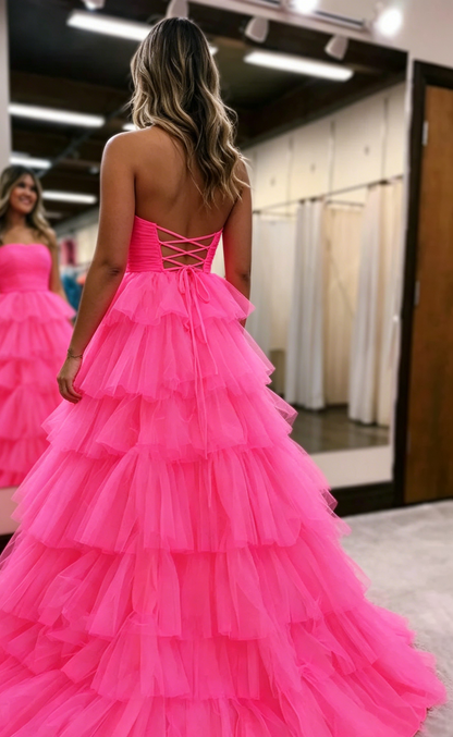 Strapless A-Line Tulle Prom Dresses Hot Pink Layered Evening Gowns 2112