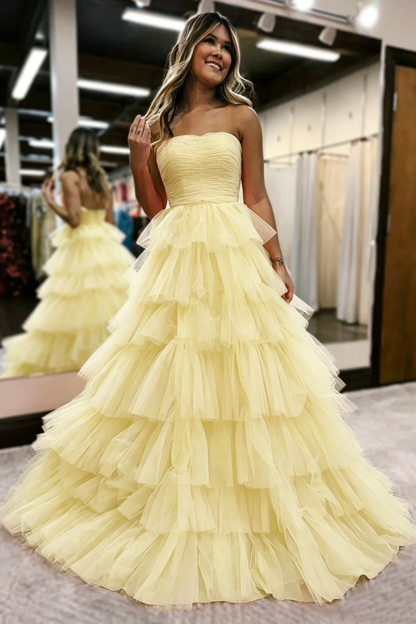 Strapless A-Line Tulle Prom Dresses Hot Pink Layered Evening Gowns 2112