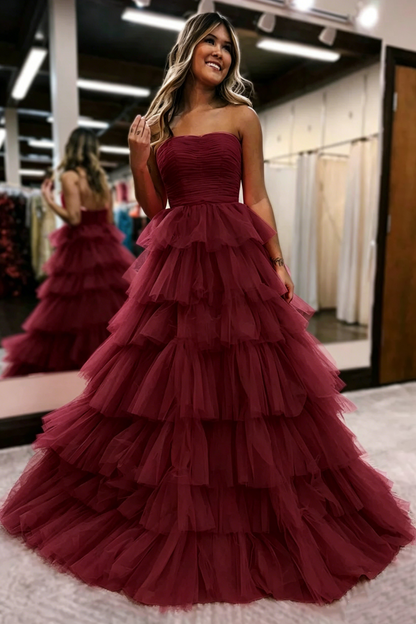 Strapless A-Line Tulle Prom Dresses Hot Pink Layered Evening Gowns 2112