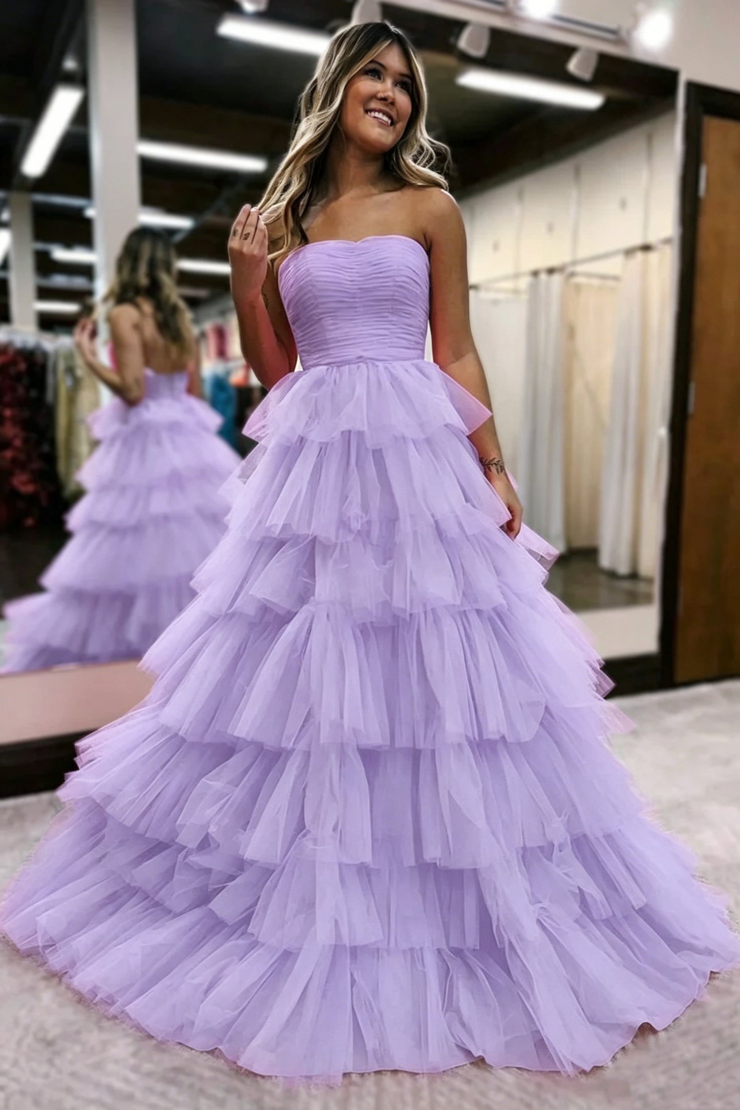 Strapless A-Line Tulle Prom Dresses Hot Pink Layered Evening Gowns 2112