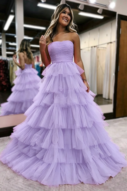 Strapless A-Line Tulle Prom Dresses Hot Pink Layered Evening Gowns 2112