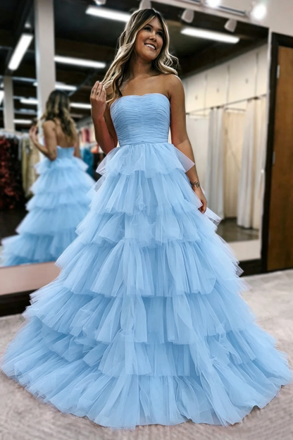 Strapless A-Line Tulle Prom Dresses Hot Pink Layered Evening Gowns 2112
