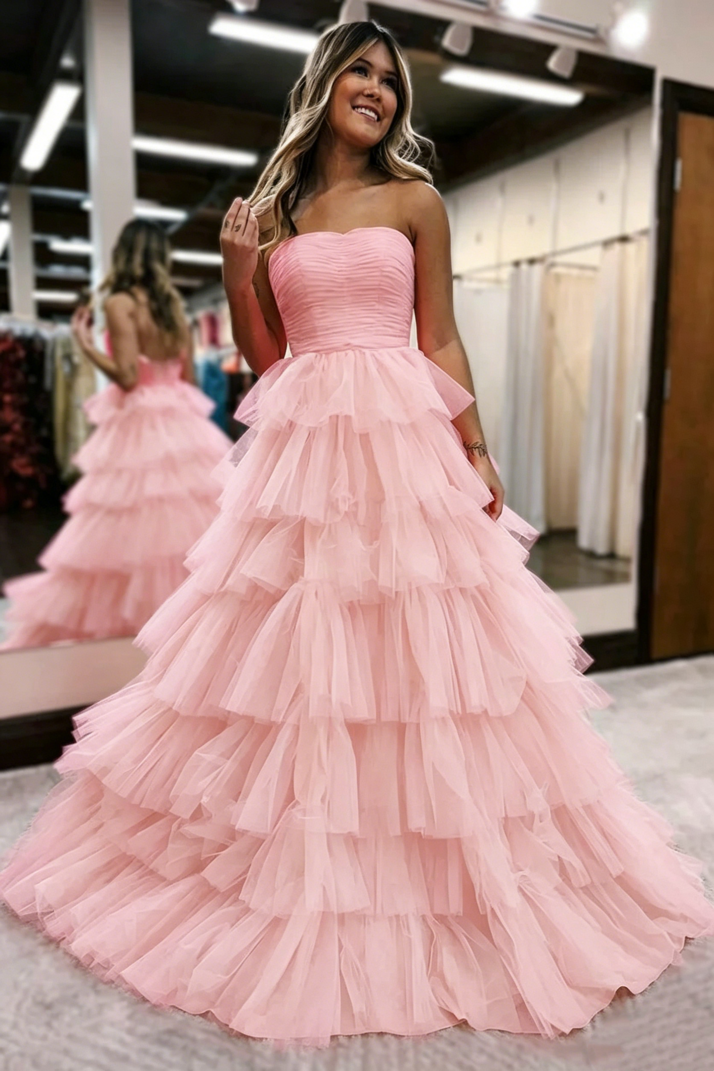 Strapless A-Line Tulle Prom Dresses Hot Pink Layered Evening Gowns 2112
