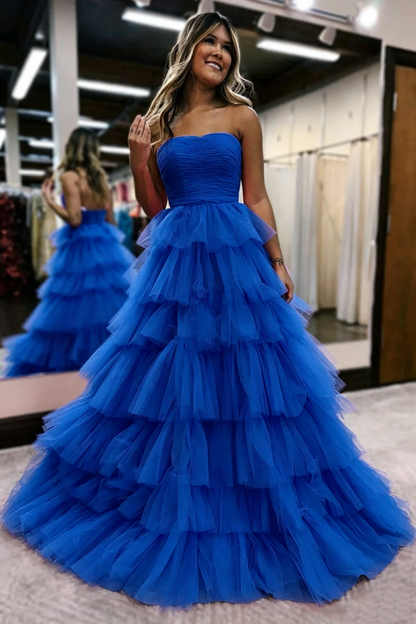 Strapless A-Line Tulle Prom Dresses Hot Pink Layered Evening Gowns 2112