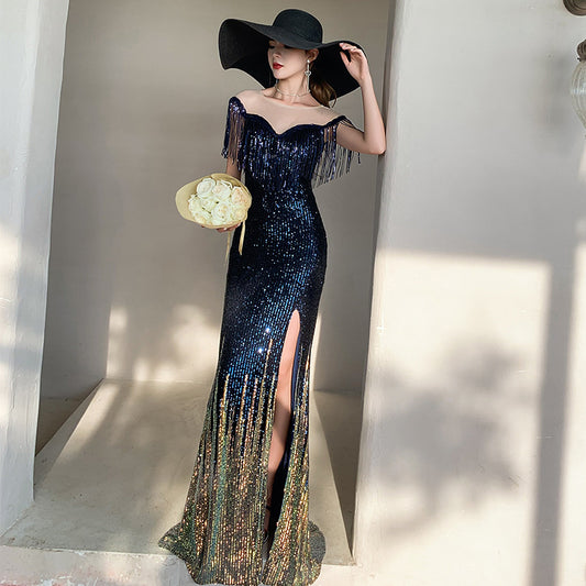 Tassel Sequins Gradient Long Prom Dress Formal Evening Gown with Slit 513