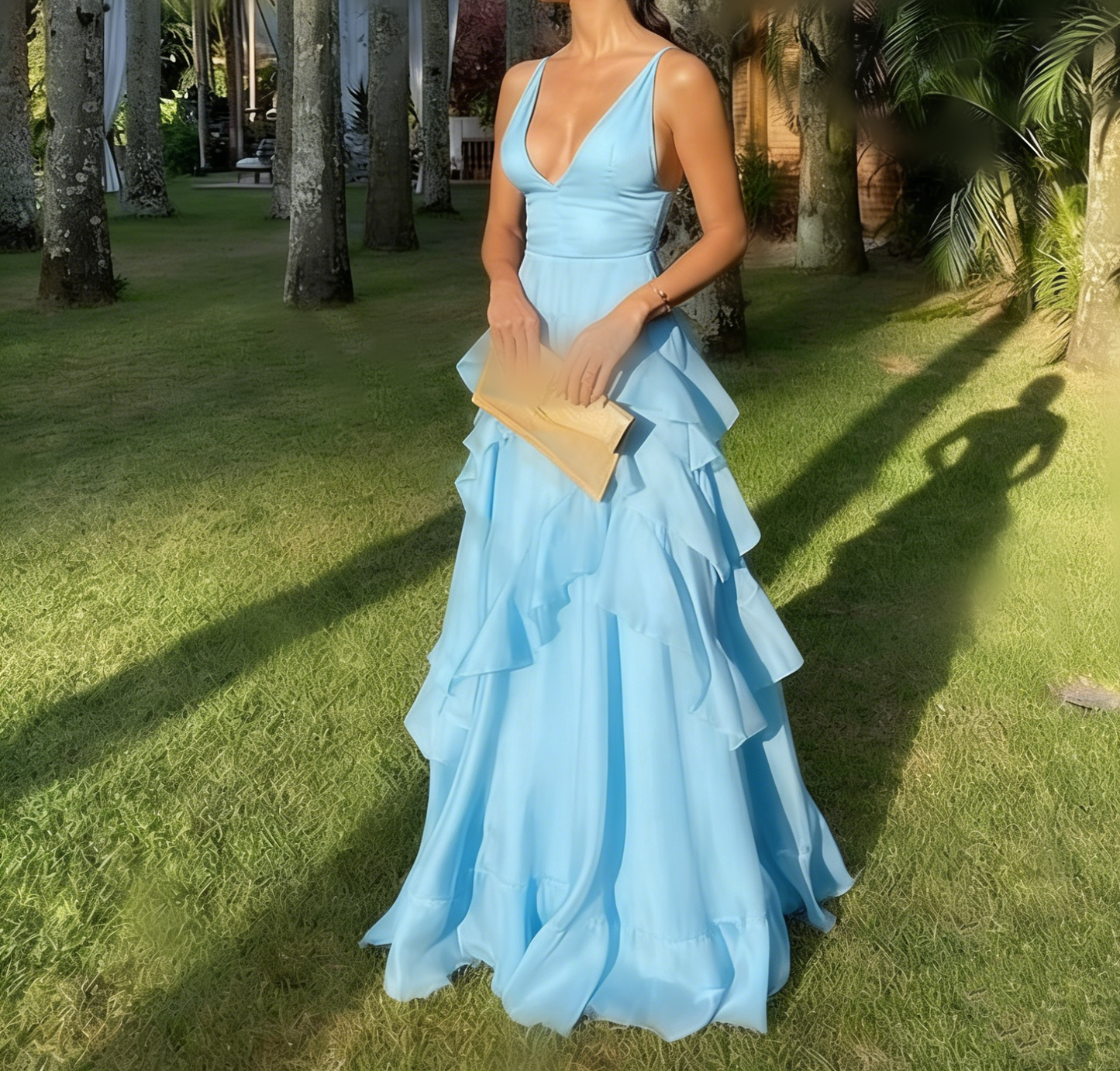 Ruffles Orange Long Prom Dresses V Neck Wedding Guest Dress 2195