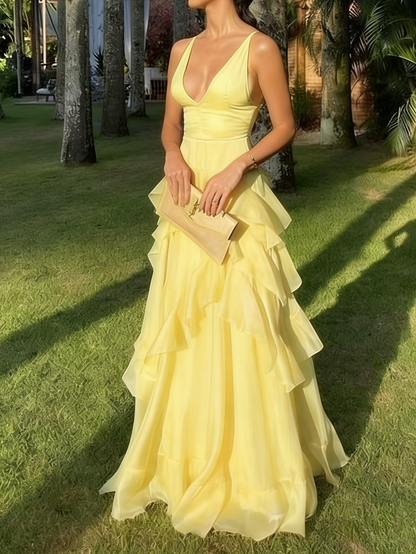 Ruffles Orange Long Prom Dresses V Neck Wedding Guest Dress 2195