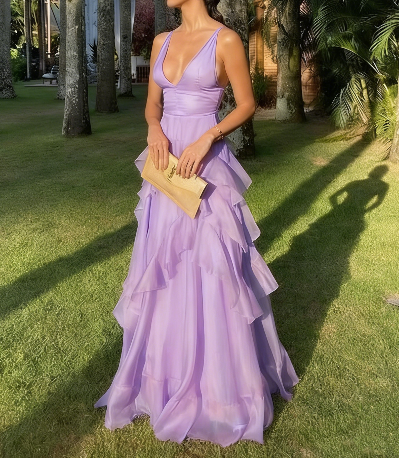 Ruffles Orange Long Prom Dresses V Neck Wedding Guest Dress 2195