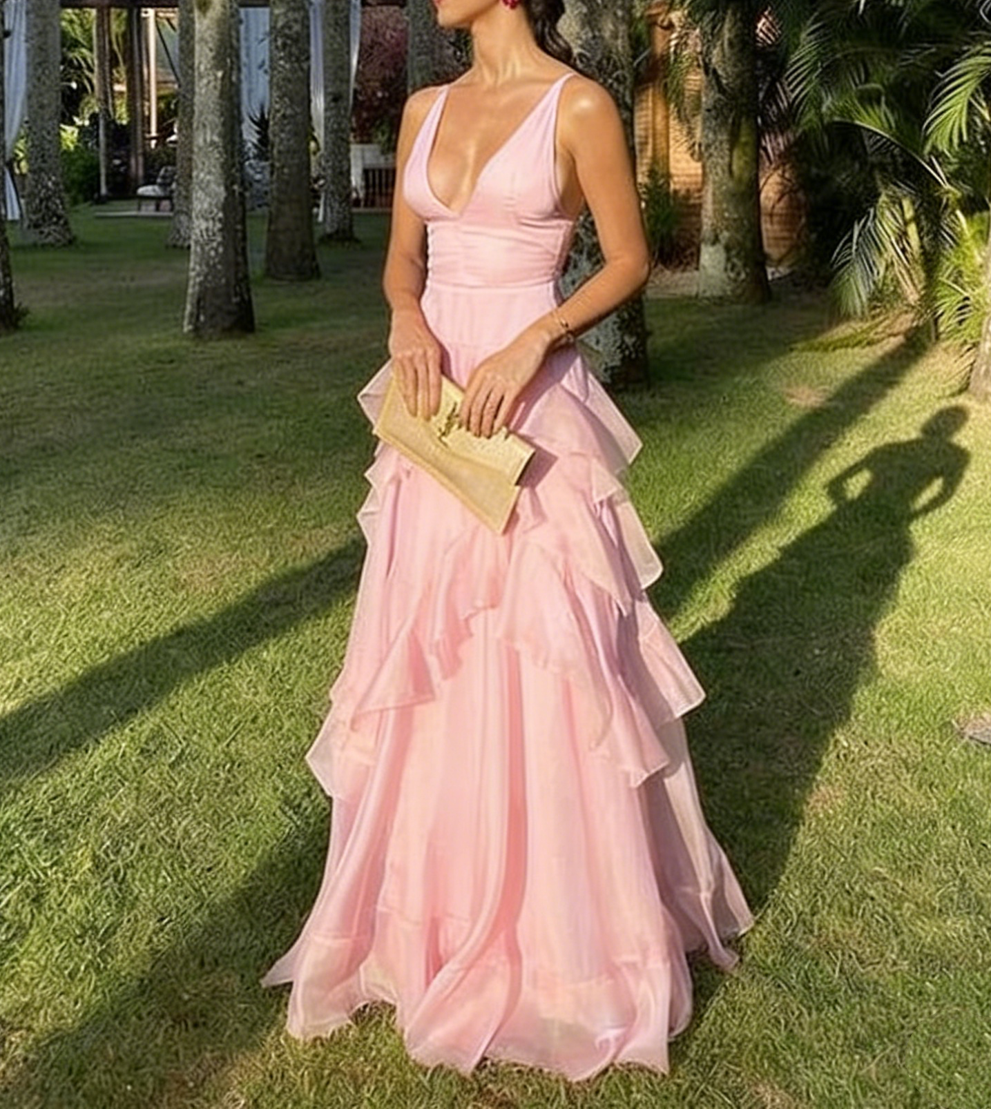 Ruffles Orange Long Prom Dresses V Neck Wedding Guest Dress 2195