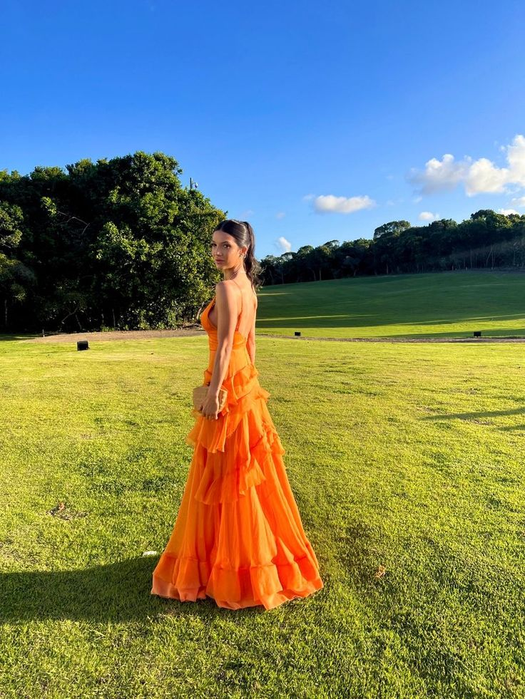 Ruffles Orange Long Prom Dresses V Neck Wedding Guest Dress 2195