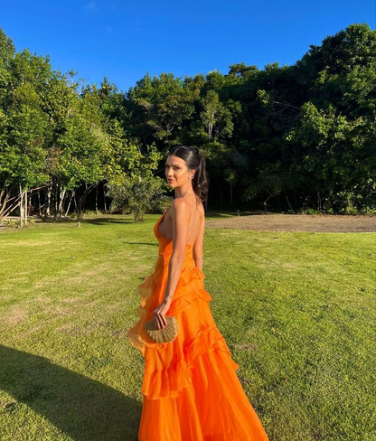 Ruffles Orange Long Prom Dresses V Neck Wedding Guest Dress 2195