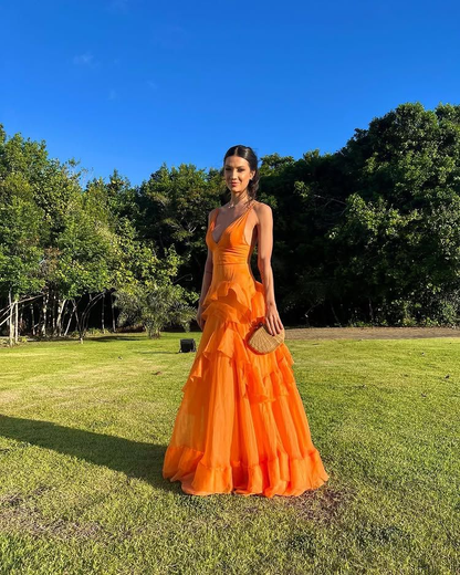 Ruffles Orange Long Prom Dresses V Neck Wedding Guest Dress 2195