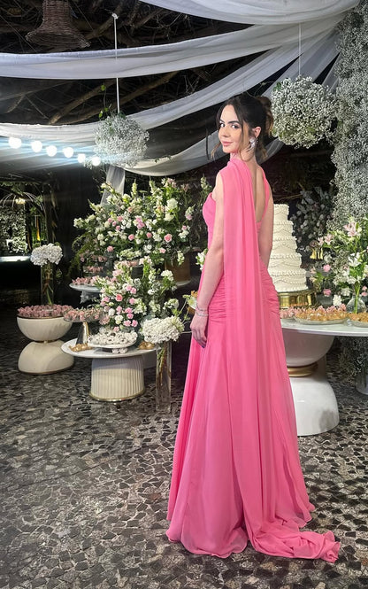 Strapless Pink Chiffon Long Prom Dress Elegant Graduation Dress Wedding Guest Dress J8055