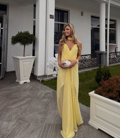 V-Ausschnitt A-Linie Gelbes Hochzeitsgastkleid Formelles Partykleid J7037