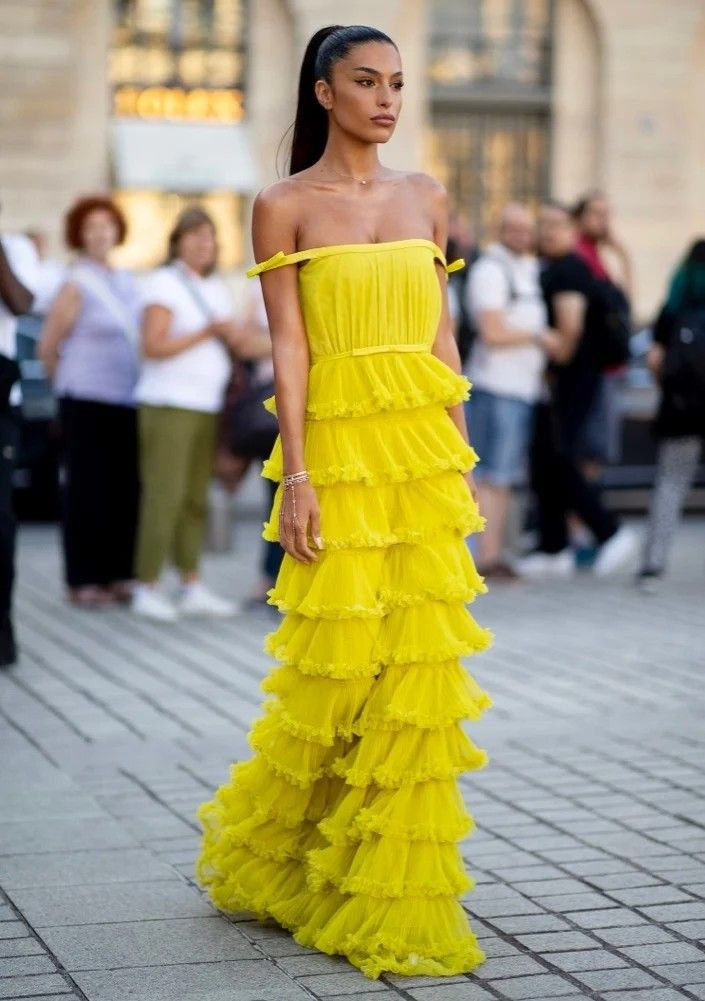 Off The Shoulder Yellow Tiered Prom Dress A Line Wedding Party Gown 2232