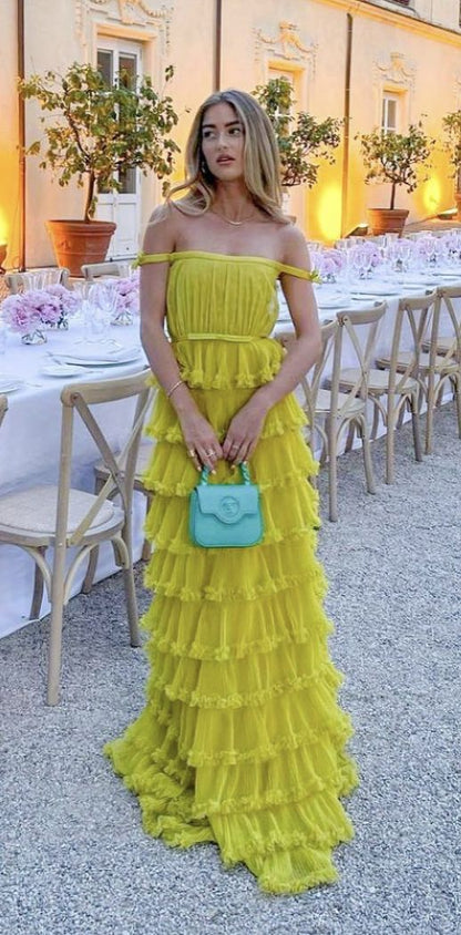 Off The Shoulder Yellow Tiered Prom Dress A Line Wedding Party Gown 2232