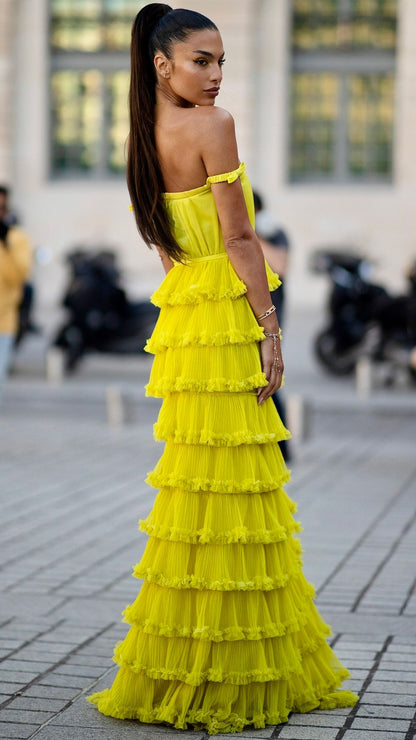 Off The Shoulder Yellow Tiered Prom Dress A Line Wedding Party Gown 2232