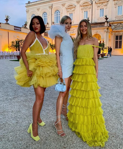 Off The Shoulder Yellow Tiered Prom Dress A Line Wedding Party Gown 2232