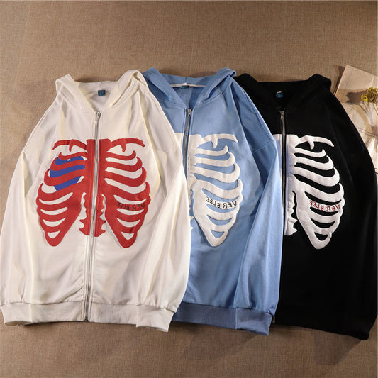 Skull Printed Sweatshirt Loose Lazy Hooded Zipper Sweatshirt 1283