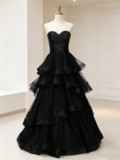Strapless Black A Line Long Prom Dress Layered Tulle Evening Gown 2242